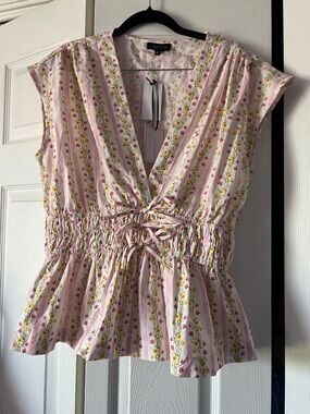 1. State Pink and Yellow Floral Tie-Front V-Neck Top